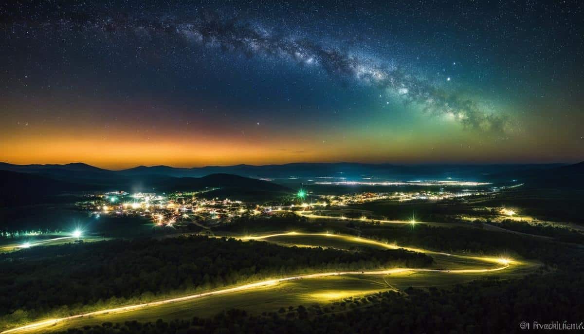 An image showcasing the Stephenville Lights phenomenon, depicting the night sky with unidentified objects and bright lights.