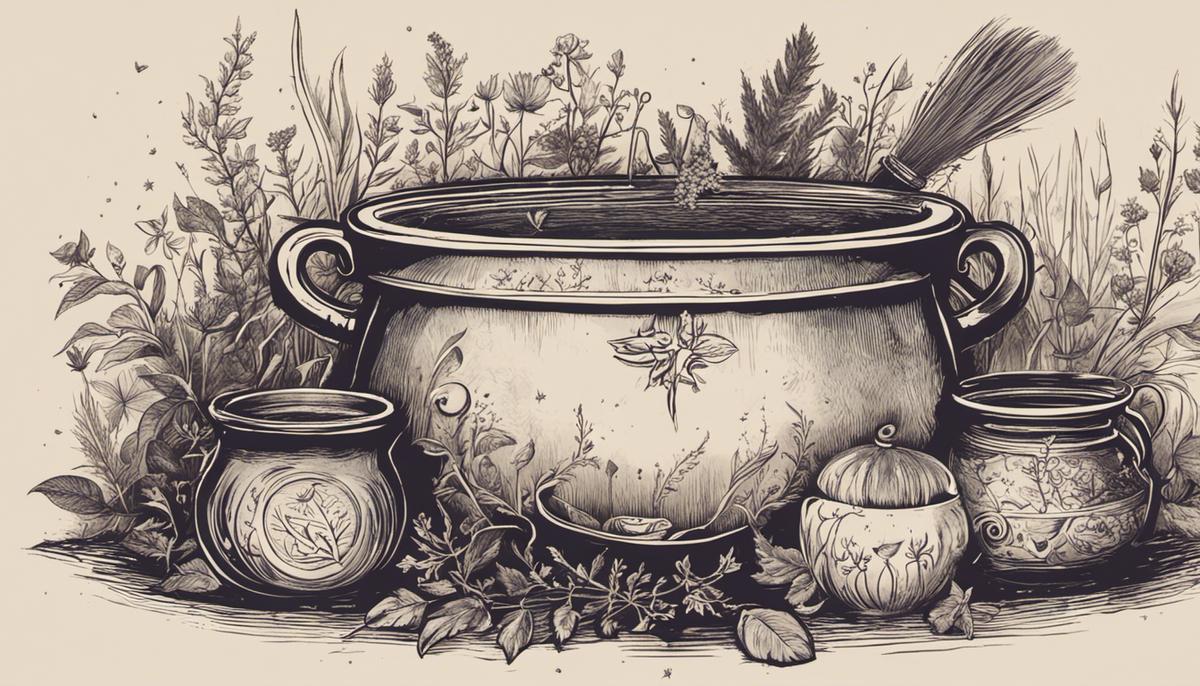 Illustration of a cauldron with magical symbols and herbs, representing modern witchcraft practices.