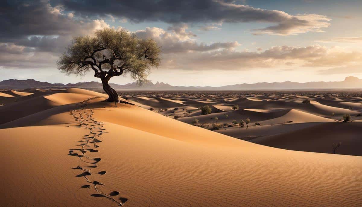 Image showcasing a desert landscape with a lone tree festooned with shoes, adding a dash of whimsical charm to the austere panorama.