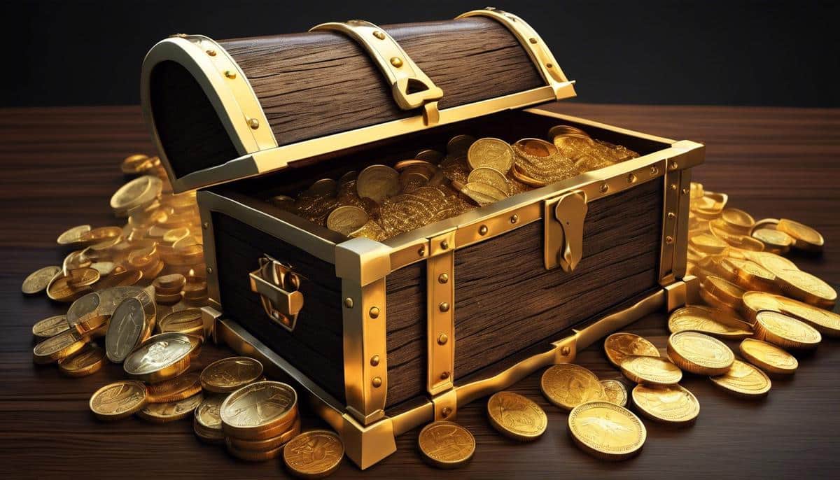 An image of a treasure chest filled with gold, coins, and gems