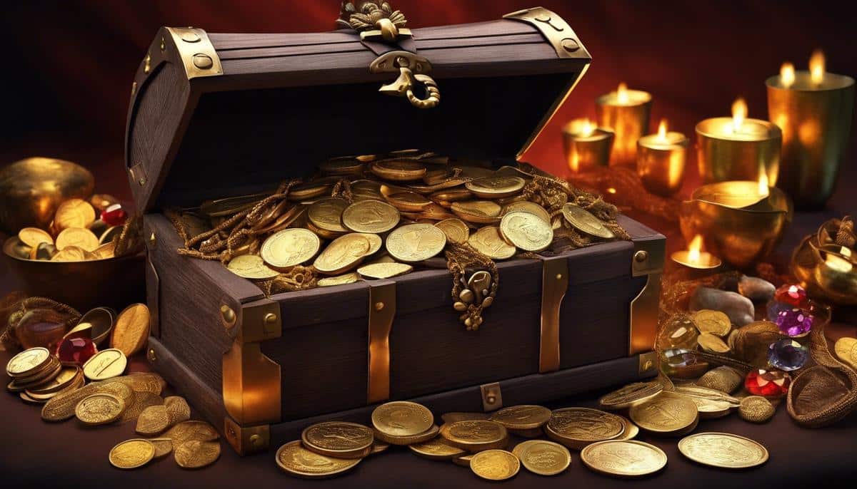 Image of a treasure chest filled with gold coins, precious gems, and ancient artifacts, symbolizing the excitement and potential rewards of treasure hunting.