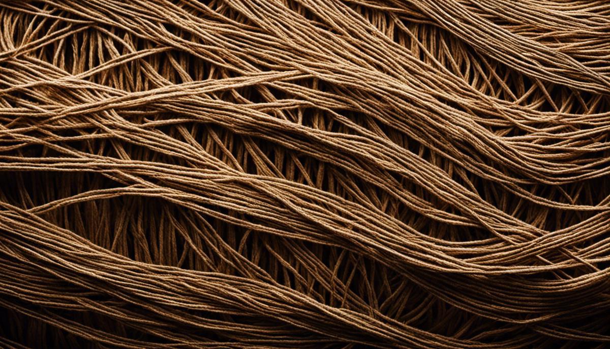 A close-up of a gigantic ball of twine, showing the intricate patterns created by the interwoven threads.